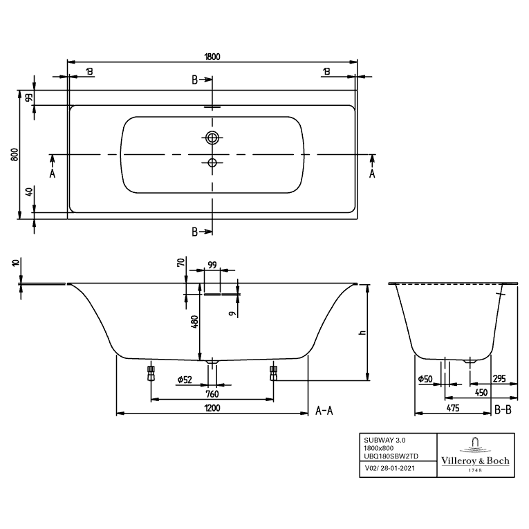 VILLEROY & BOCH - Badewanne Subway 3.0 1800x800x625mm re-eckig m. Sys AP TP1 Zul. Stone White