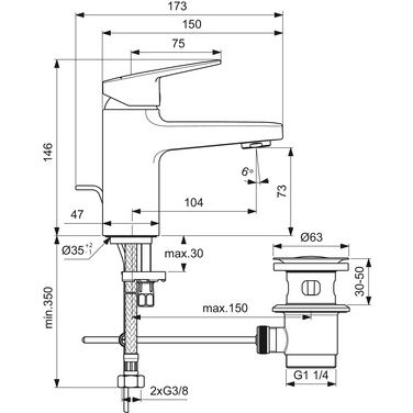 Ideal Standard - Waschtischarmatur CERAPLAN H75 m.Ablaufgarn. Ausld.103mm Idealfix Chrom