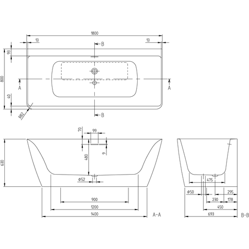 VILLEROY & BOCH - VWBW Subway 3.0 UBQ180SBW9CSBCTV 1800 x800x495mm VWBW ColourOnDemand we Alpin