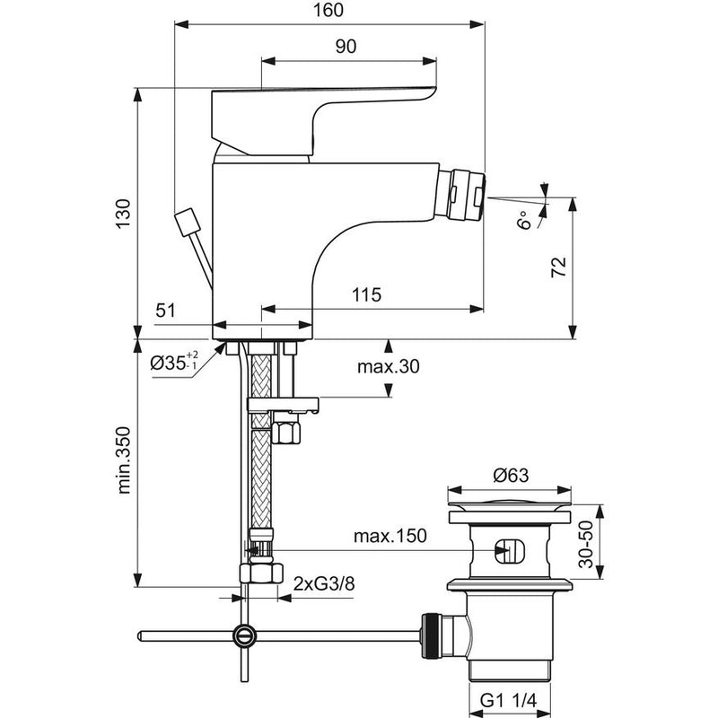 Ideal Standard - Bidetarmatur CERAPLAN III, m.Ablgarn., Ausladung 114mm, Chrom