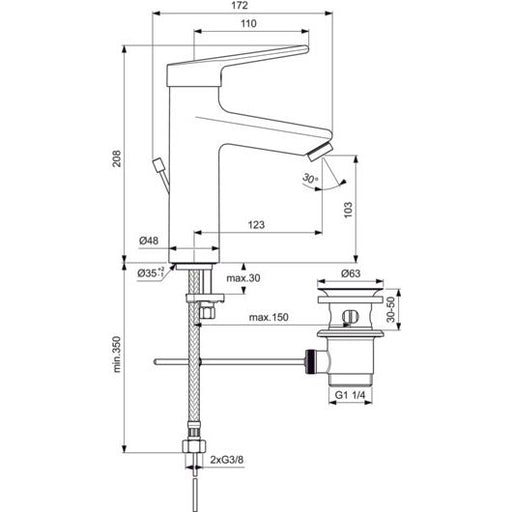 Ideal Standard - WT-Armatur CERAPLUS 2, Grande mit Ablaufgarn., Ausld. 123mm, Chrom