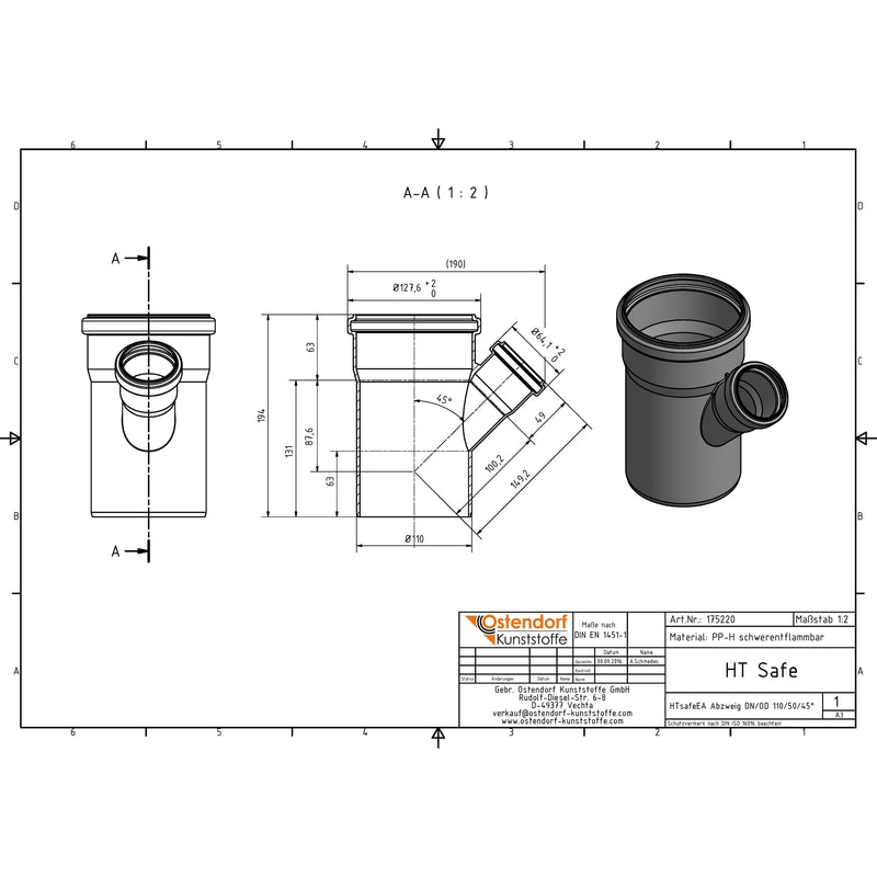 Gebr. Ostendorf - HTsafeEA Abzweig DN 110x50 45 Grad