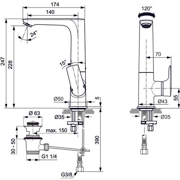Ideal Standard - WT-Arm.CONNECT AIR,5l/min,m.Ablgarn., m.h.schwenkb.Ausl.,Ausld.140mm,Bl.silver