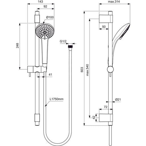 Ideal Standard - Brausekombination 600mm IDEALRAIN PRO B9834 3-Funktionshandbrause 100mm chrom