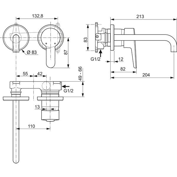 Ideal Standard - Wand-WT-Armatur CONNECTBLUE,Bausatz2, 2 Rosetten d: 83mm, Ausld.204mm, Chrom