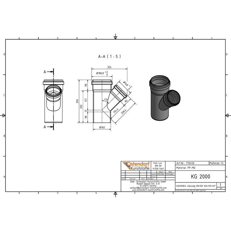 Gebr. Ostendorf - 2000 Abzweig DN 160x125 45 Grad grün, mit Dichtungsring