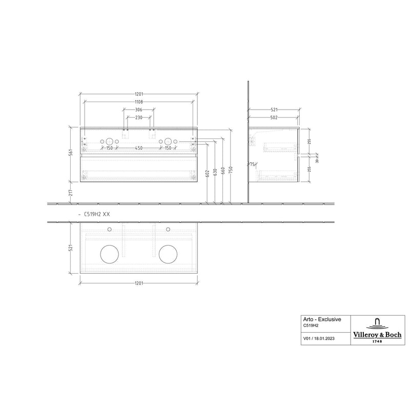 VILLEROY & BOCH - Konsolen-Unterschrank 1200mm f AWT 2 Ausz 2 Aussch mLB C519H2 RH Oak Kansas