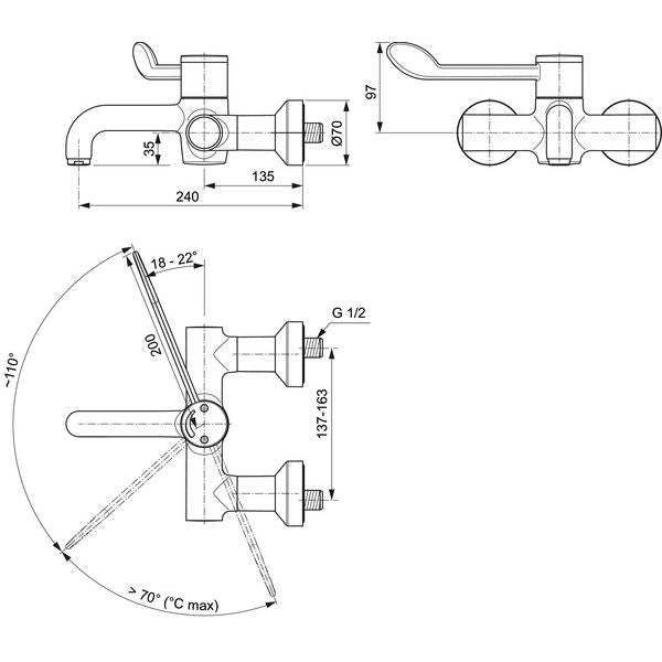 Ideal Standard - Wand-WT-Thermostat CERAPLUS 2 Ausld. 240mm, absp. S-Anschlüsse, Chrom