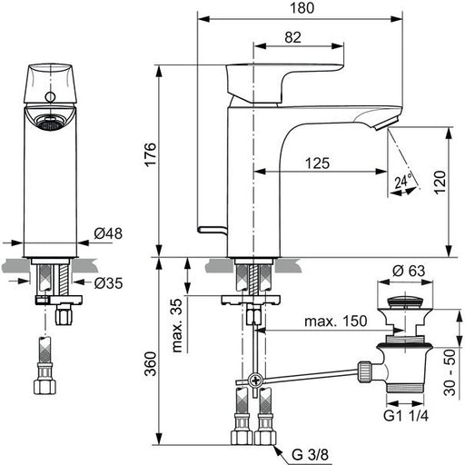 Ideal Standard - WT-Arm. CONNECT AIR, Grande, 5l/min., m.Ablgarn., Ausld.125mm, Blizzard silver