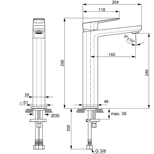 Ideal Standard - WT-Arm.TONIC II,m.verlägertem Sockel, 5 l/min., o.Ablgarn., Ausld.160mm, Chrom