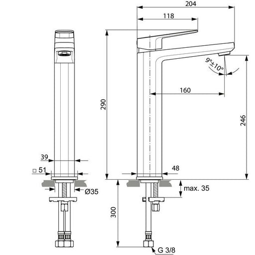 Ideal Standard - WT-Arm.TONIC II,m.verlägertem Sockel, 5 l/min., o.Ablgarn., Ausld.160mm, Chrom