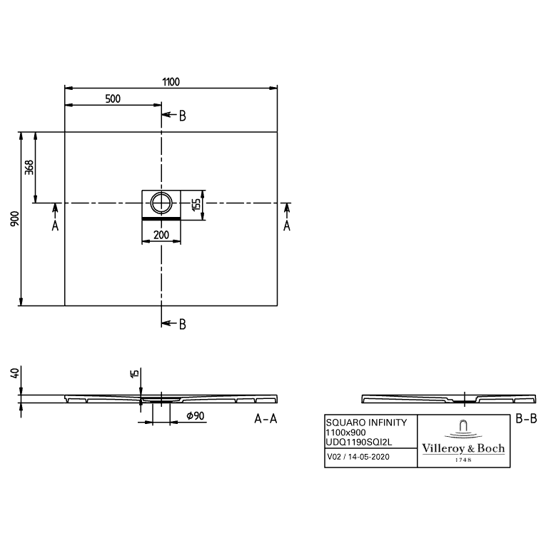VILLEROY & BOCH - Duschwanne Squaro Infinity 1100x900x40mm re-eckig EB:li Stone White