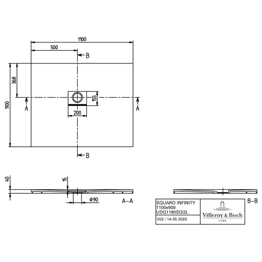 VILLEROY & BOCH - Duschwanne Squaro Infinity 1100x900x40mm re-eckig EB:li Stone White
