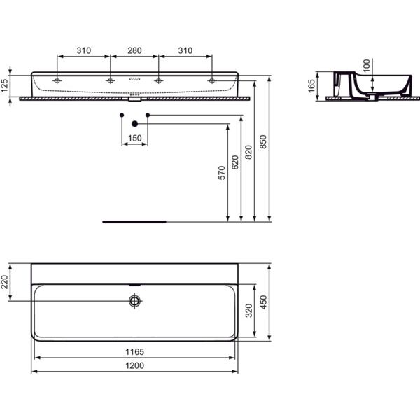 Ideal Standard - Waschtisch CONCA, o.Hl., m.Ül., 1200x450x165mm, geschliffen, Weiß m.IP