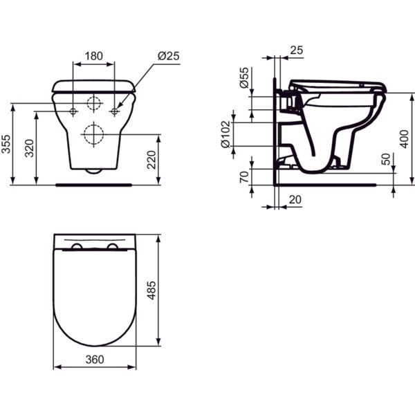 Ideal Standard - Wand-WC-Kombipaket EXACTO,o.Spülrand, mit Softclosing, 355x480x350mm, Weiß