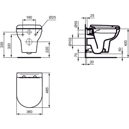 Ideal Standard - Wand-WC-Kombipaket EXACTO,o.Spülrand, mit Softclosing, 355x480x350mm, Weiß
