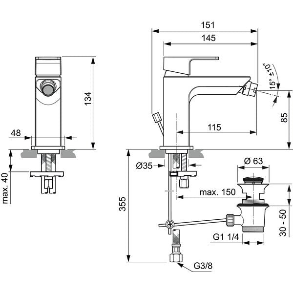 Ideal Standard - Bidetarmatur EDGE, m.Ablgarn., Ausladung 115mm, Chrom