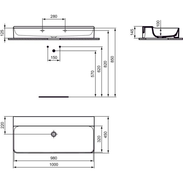 Ideal Standard - Waschtisch CONCA, o.Hl., o.Ül., 1000x450x145mm, geschliffen, Weiß