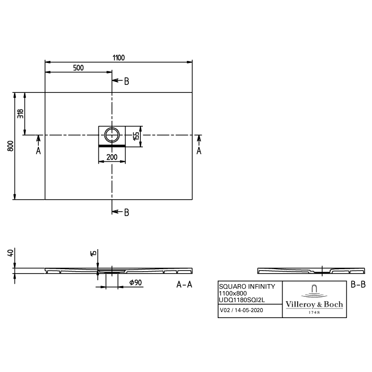 VILLEROY & BOCH - Duschwanne Squaro Infinity 1100x800x40mm re-eckig EB:li Anthracite