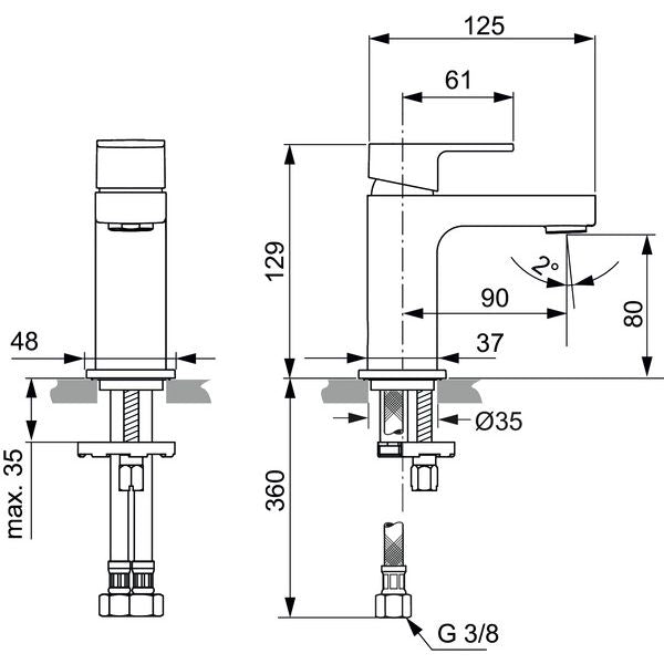 Ideal Standard - WT-Armatur EDGE, Slim Piccolo, o.Ablgarn., Ausld.90mm, Chrom
