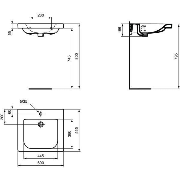 Ideal Standard - Waschtisch CONNECT FREEDOM,1Hl.,o.Ül. ,unterfahrbar, 600x555x165mm, Weiß