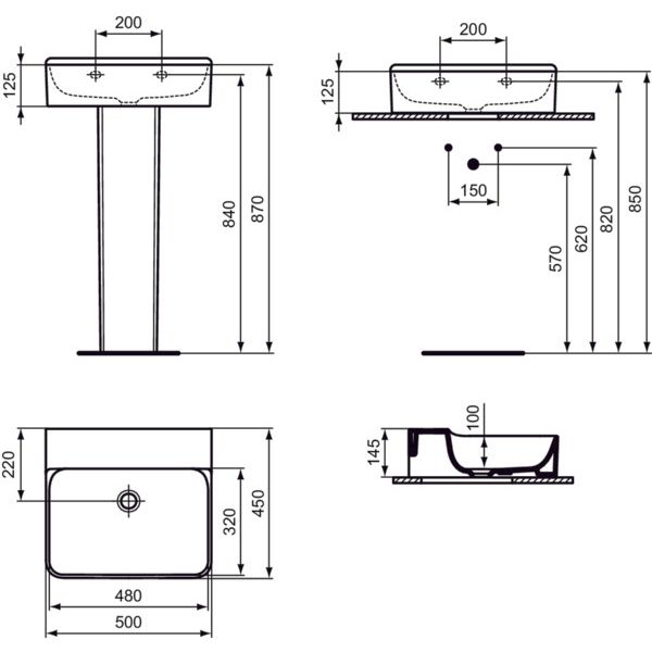 Ideal Standard - Waschtisch CONCA, o.Hl., o.Ül., 500x450x145mm, geschliffen, Weiß m.IP