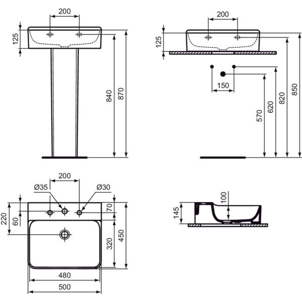 Ideal Standard - Waschtisch CONCA, 3 Hl., o.Ül., 500x450x145mm, geschliffen, Weiß m.IP