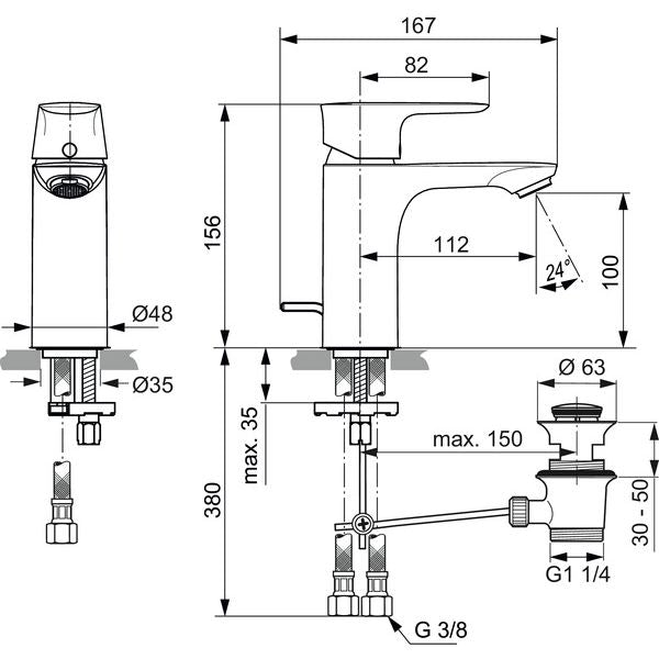 Ideal Standard - WT-Armatur CONNECT AIR, 5 l/min., m.Ablgarn., Ausld.112mm, Blizzard silver