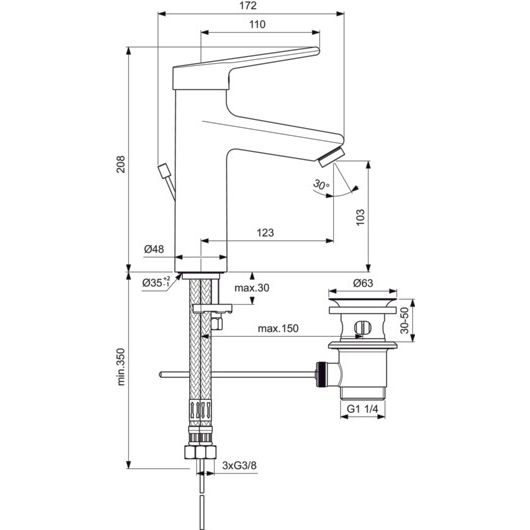 Ideal Standard - WT-Armatur CERAPLUS 2, Grande, ND mit Ablaufgarn., Ausld. 123mm, Chrom
