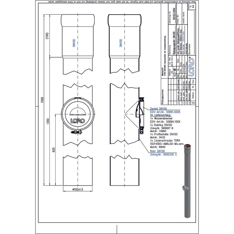 Lorowerk - Regenstandrohr 55153. DN 100 mit geschlitztem Deckel 1500mm