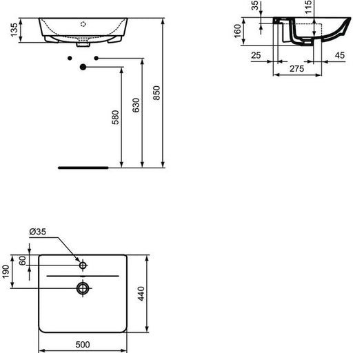 Ideal Standard - Halbeinbauwaschtisch CONNECT AIR, 1 Hl., m.Ül., 500x440x160mm, Weiß