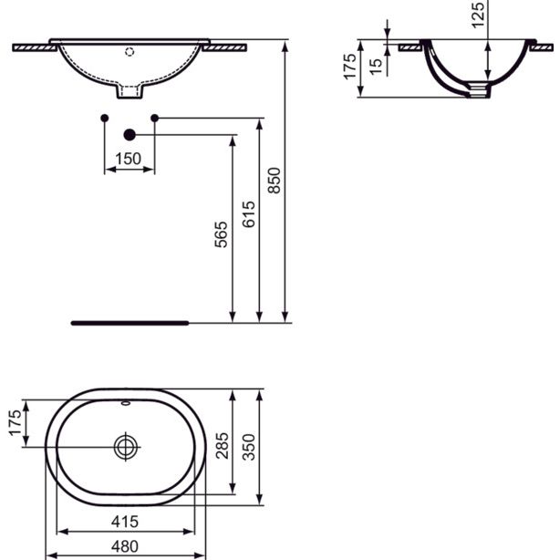 Ideal Standard - Einbauwaschtisch CONNECT, oval, o.Hl., m.Ül., 480x350x175mm, Weiß