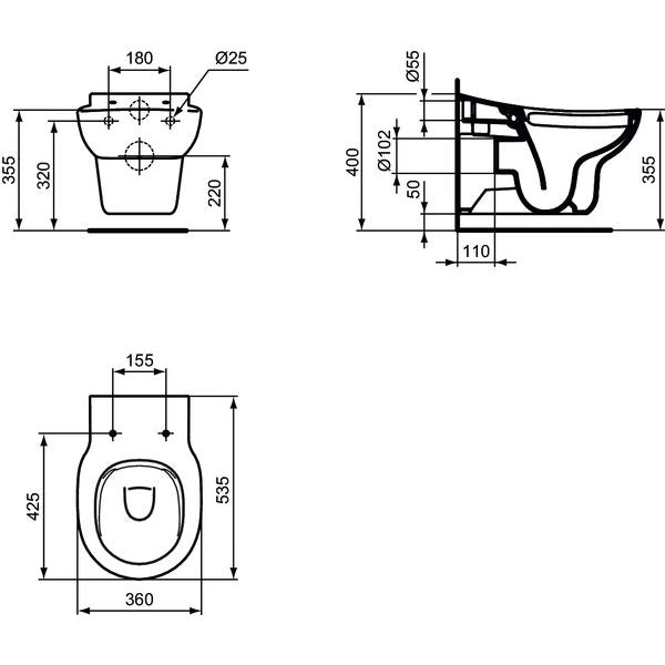 Ideal Standard - Wand-T-WC CONTOUR21 SCHOOLS, rimless, Abg.außen waagr., 360x535x350mm, Weiß