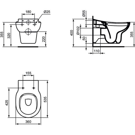 Ideal Standard - Wand-T-WC CONTOUR21 SCHOOLS, rimless, Abg.außen waagr., 360x535x350mm, Weiß