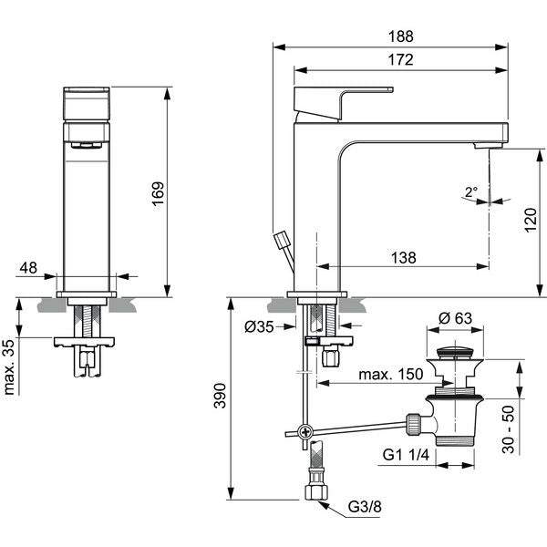 Ideal Standard - Waschtischarmatur EDGE, Grande Slim, 5 l/min., m.Ablgarn., Ausld.138mm, Chrom