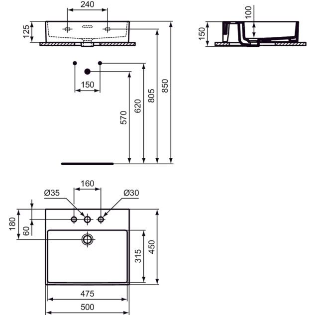 Ideal Standard - Waschtisch EXTRA, 3 Hl., m.Ül., 500x450x150mm, geschliffen, Weiß
