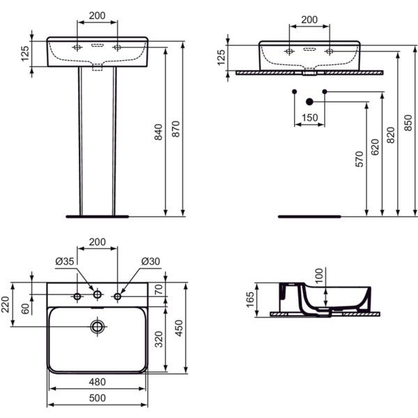 Ideal Standard - Waschtisch CONCA, 3 Hl., m.Ül., 500x450x165mm, Weiß mit IdealPlus