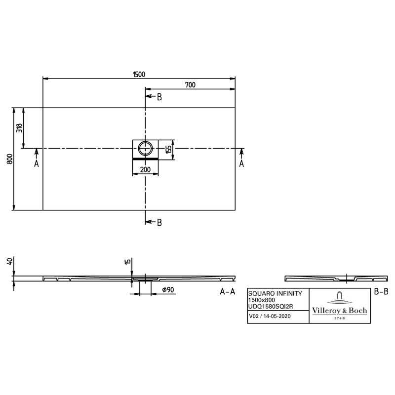 VILLEROY & BOCH - Duschwanne Squaro Infinity 1500x800x40mm re-eckig EB:re Stone White