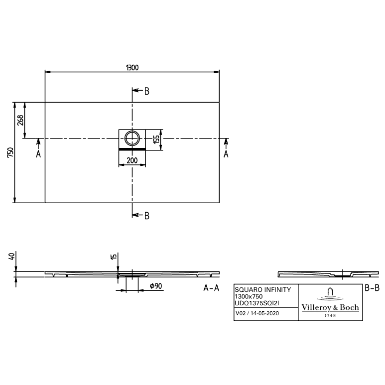 VILLEROY & BOCH - Duschwanne Squaro Infinity 1300x750x40mm re-eckig Anthracite