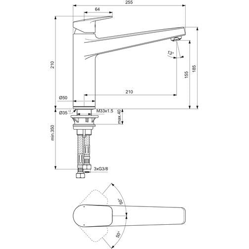 Ideal Standard - Küchenarmatur CERAPLAN m.h.Auslauf Ausld.210mm Niederdruck Chrom