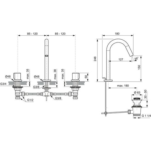 Ideal Standard - 3-Loch Waschtischarmatur JOY, m.Ablgarn., Ausld.127mm, Brushed Gold