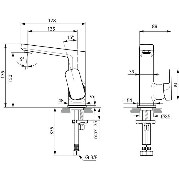 Ideal Standard - WT-Armatur TONIC II, m.hohem Auslauf, 5 l/min., o.Ablgarn., Ausld.135mm, Chrom