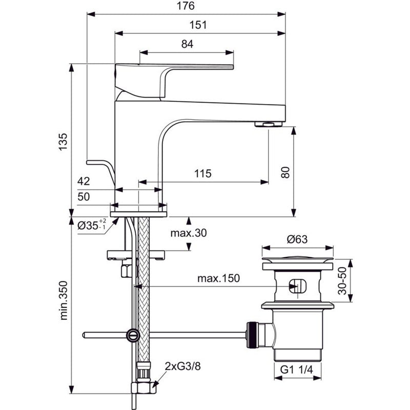 Ideal Standard - Waschtischarmatur CERAFINE D, H80, m.Ablgarn., Ausld.115mm, Chrom
