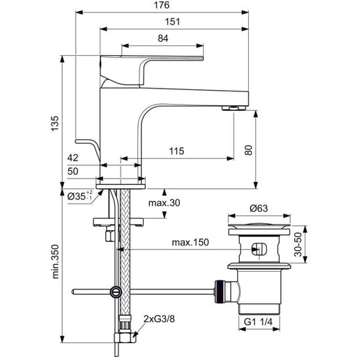 Ideal Standard - Waschtischarmatur CERAFINE D, H80, m.Ablgarn., Ausld.115mm, Chrom
