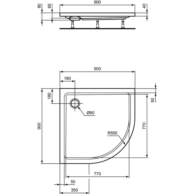 Ideal Standard - Viertelkreis-Brausewanne HOTLINE NEU, 900x900x80mm, Weiß