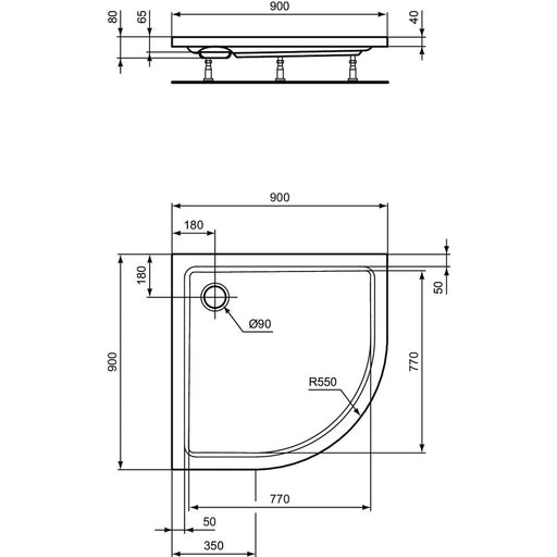 Ideal Standard - Viertelkreis-Brausewanne HOTLINE NEU, 900x900x80mm, Weiß