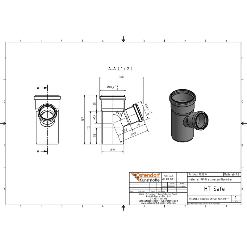 Gebr. Ostendorf - HTsafeEA Abzweig DN 75x50 67 Grad