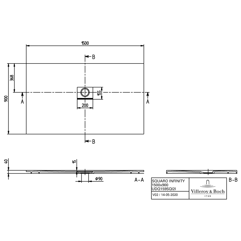 VILLEROY & BOCH - Duschwanne Squaro Infinity 1500x900x40mm re-eckig Grey