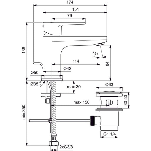 Ideal Standard - Waschtischarmatur CERAFINE O, H80, m.Ablgarn., Ausld.114mm, Chrom