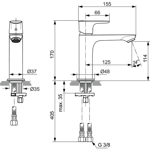 Ideal Standard - WT-Armatur CONNECT AIR, Grande Slim 5 l/min., o.Ablgarn., Ausld.125mm, Chrom